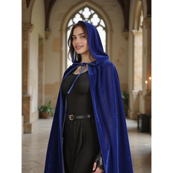 Blue Witch Velvet Hooded Cloak Halloween Cape Queen King Renaissance Medieval - Picture 5 of 7